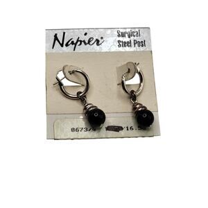Vintage Napier Black Bead Drop Hoop Earrings Silver Tone On Card